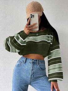 SHEIN Unity Women's Contrast Color Round Neck Ribbed Knit Cropped Casual Pullover Sweater Knit Pullover Fall Winter - Army Green - View 3