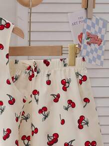 Sparklyn 2 buc/set fete adolescente la modă sport drăguț simplu model cireșe cu bowknot cu decolteu în V camisol și pantaloni scurți casual, naveta și purtare zilnică