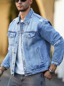 Manfinity Homme 男士休闲破洞修身蓝色牛仔夹克，街头风格 - 中等水洗藍 - 查看 8