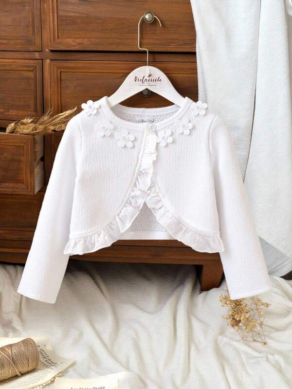 WESTFADE Young Young Girl 3D Floral Decor Long Sleeve Frill Trim Fashion Jacket