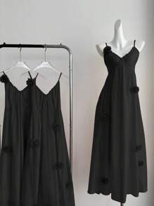 SHEIN Clasi Plus Size Chiffon Pleated Elegant 3D Floral V-Neck Camisole A-Line Dress