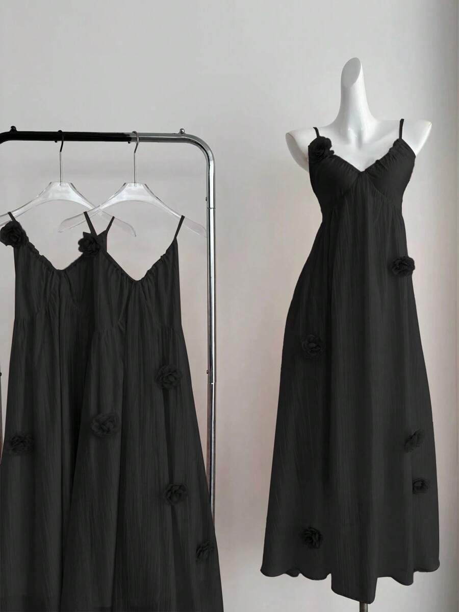 SHEIN Clasi Plus Size Chiffon Pleated Elegant 3D Floral V-Neck Camisole A-Line Dress