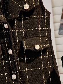 SHEIN 2pcs Young Girl Elegant Solid High Neck Long Sleeve Dress And Plaid Front Button Vest Set, Suitable For School, Travel, Walking - White - View 6