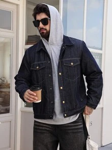 DAZY 厚牛仔面料冬季保暖海军蓝男式夹棉外套 - 寶藍色 - 查看 5
