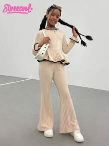 Tween Girl Contrast Trim Bell Sleeve T-Shirt And Flared Pants Set Fall Winter - Beige - View 6