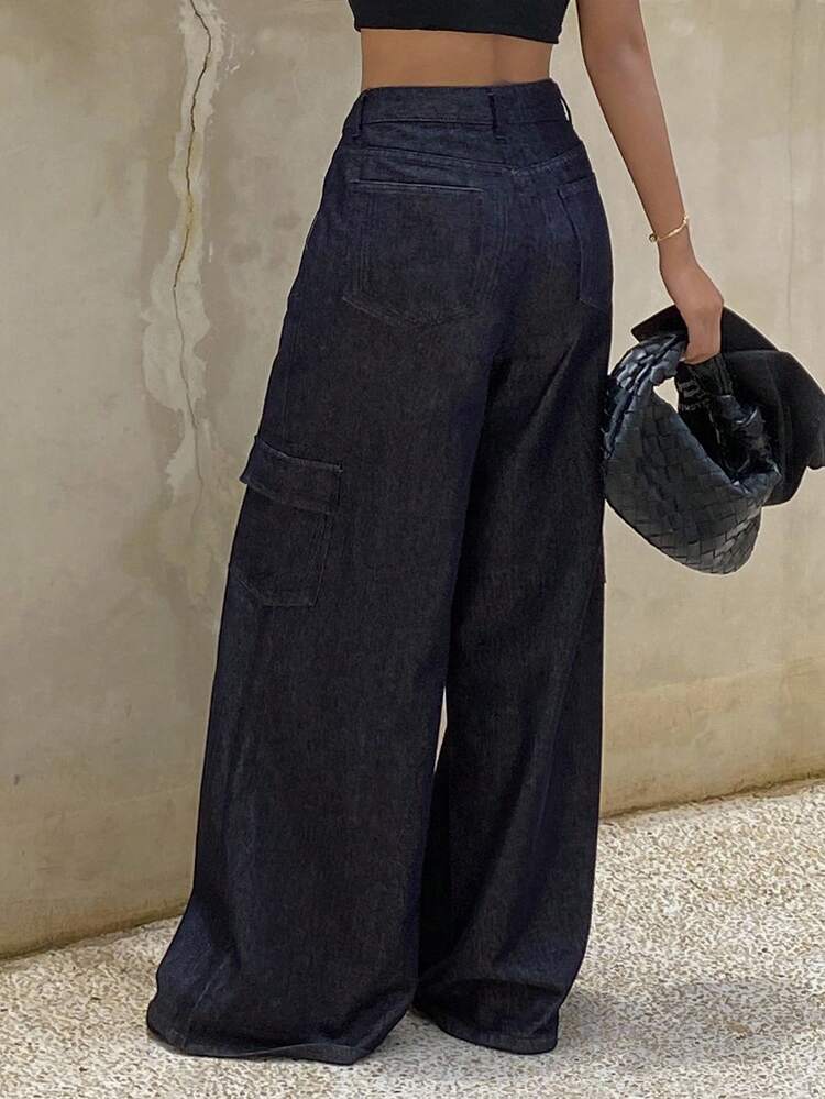 Women's Solid Color Loose Wide Leg Jeans, Pockets, Casual Street Style, Spring/Autumn