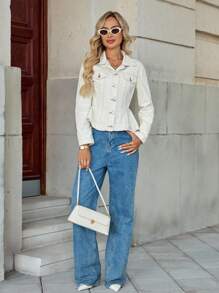 EMERY ROSE 女式休闲街头风格纽扣牛仔夹克 - 白色 - 查看 6