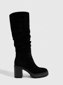 Daringsoles Giày bốt cao đến đầu gối đế dày có khóa kéo bên hông thời trang dành cho nữ, phù hợp để mang hàng ngày - màu đen - Xem 4