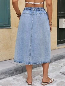 EMERY ROSE Mature Denim 大码女式单排扣双口袋休闲牛仔裙 夏季波西米亚风 节日教师款 前口袋修身长款牛仔裙 - 淺色水洗藍 - 查看 3