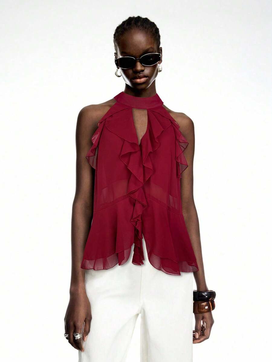 LYSMO 2025年新款深红色荷叶边雪纺露背上衣，搭配领带——波西米亚夏季风格 - 酒紅色 - 查看 1