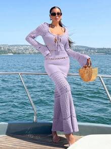 EURMUSE 女士镂空细节 V 领钩针长裙 - 紫丁香色 - 查看 2