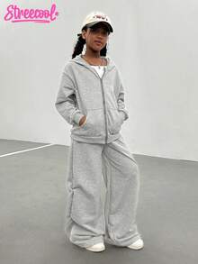 Minimalist Fashion Tween Girl Plain Long Sleeve Zip Hooded Jacket & Wide Leg Pants Casual Suit Fall Winter - Grey - View 3