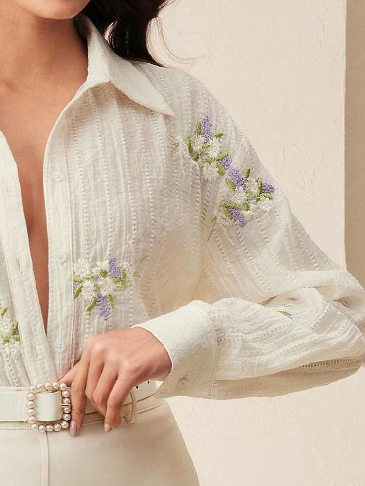 Plain Color Floral Embroidery Dropped Shoulder Women Shirt