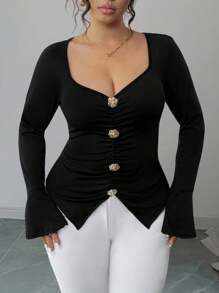 Elenzga 大码 V 领金属纽扣喇叭袖修身 T 恤 - 黑色 - 查看 6