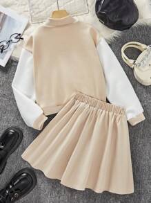 Women's Zip-Up Bomber Jacket With Contrast Sleeves And Pleated Mini Skirt Set - Khaki - View 2