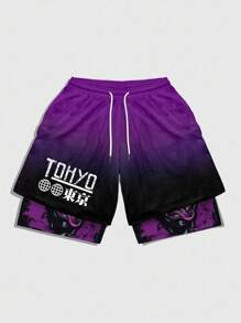ROMWE MEN Anime Men's Ombre Text & Graphic Print Drawstring Waist Shorts - Multicolor - View 5