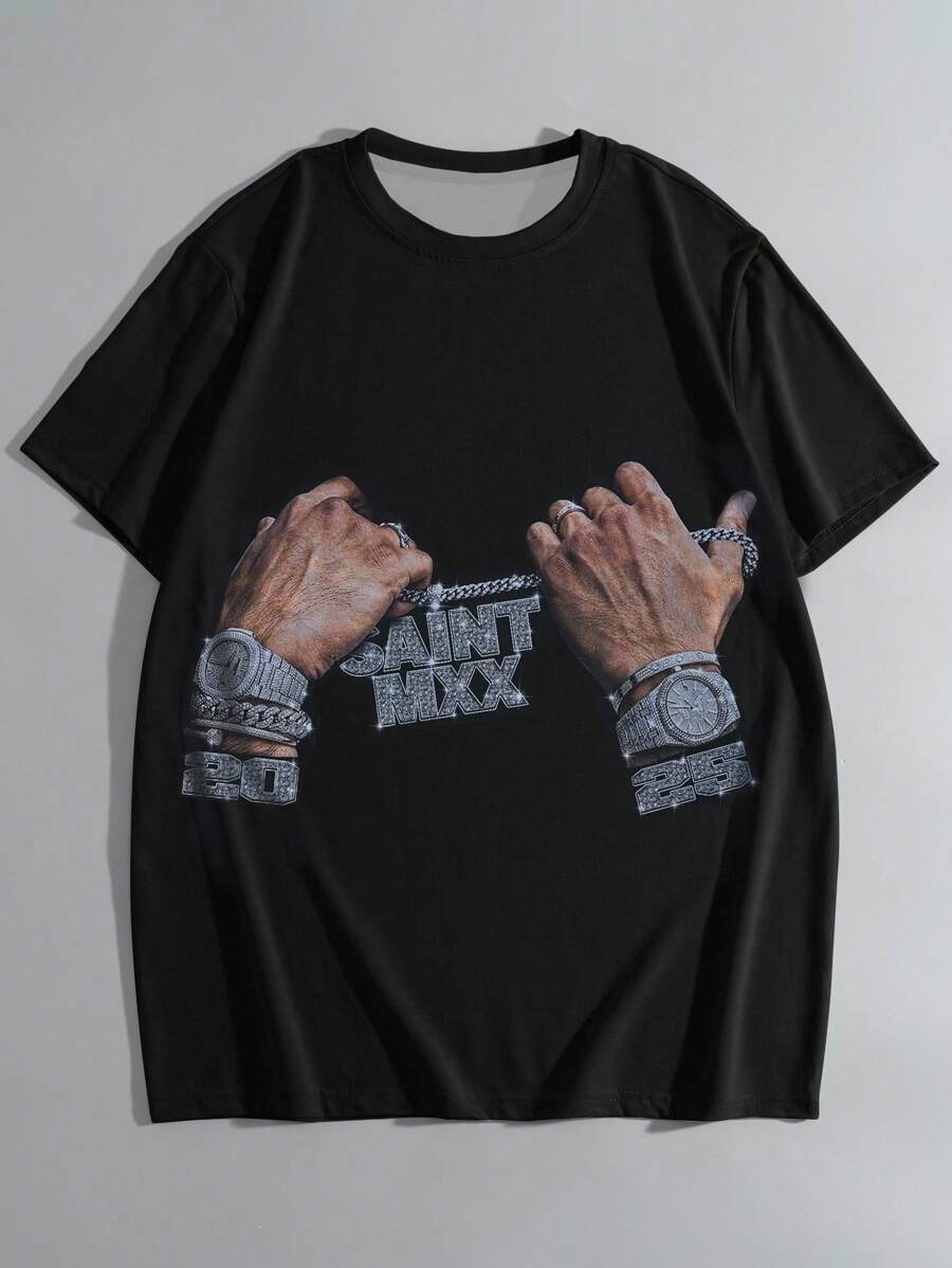 Manfinity Dauomo 个性街头数码印花短款男士圆领短袖T恤 - 彩色 - 查看 1