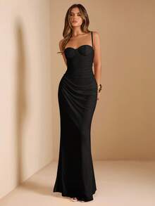 SHEIN BAE 夏季女式蕾丝拼布吊带裙，适合毕业派对、婚礼宾客礼服、约会、宴会、派对、姐妹聚会 - 黑色 - 查看 6