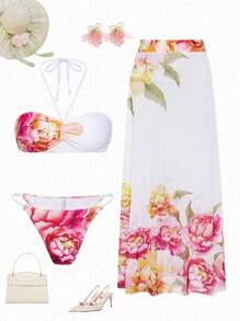 Swim SXY 3 件套女士性感时尚吊带系带比基尼上衣，可调节侧系带三角泳裤和花朵印花松紧腰长裙