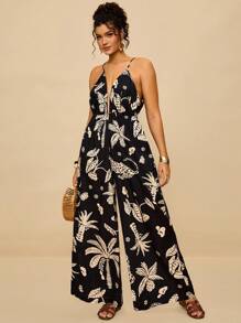 SHEIN VCAY 大码休闲热带印花无袖连体裤，带口袋，舒适棉质面料，收腰设计，适合夏季度假和节假日 - 黑色 - 查看 4