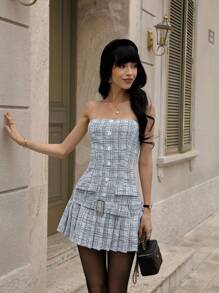 SHEIN Unity 法国复古黑白格子夏季新款无袖抹胸设计修身迷你连衣裙女 - 黑與白 - 查看 5