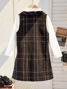 SHEIN 2pcs Young Girl Elegant Solid High Neck Long Sleeve Dress And Plaid Front Button Vest Set, Suitable For School, Travel, Walking - White - View 2