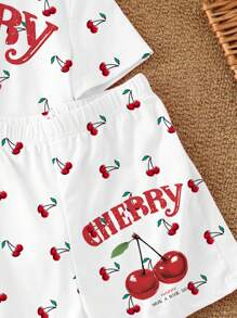 SHEIN Vintage Sport Cute Cherry Print, Mini Cherry Print, Summer , Tween Girls Casual Minimalist Short Sleeve Top And Shorts 2 Pieces Set, Suitable For Summer Cherry Clothes Cherry Two Piece Set Teen Girl Clothes Short Set 14y Girl Clothes Short Set Preppy Two Piece Set - Multicolor - View 5