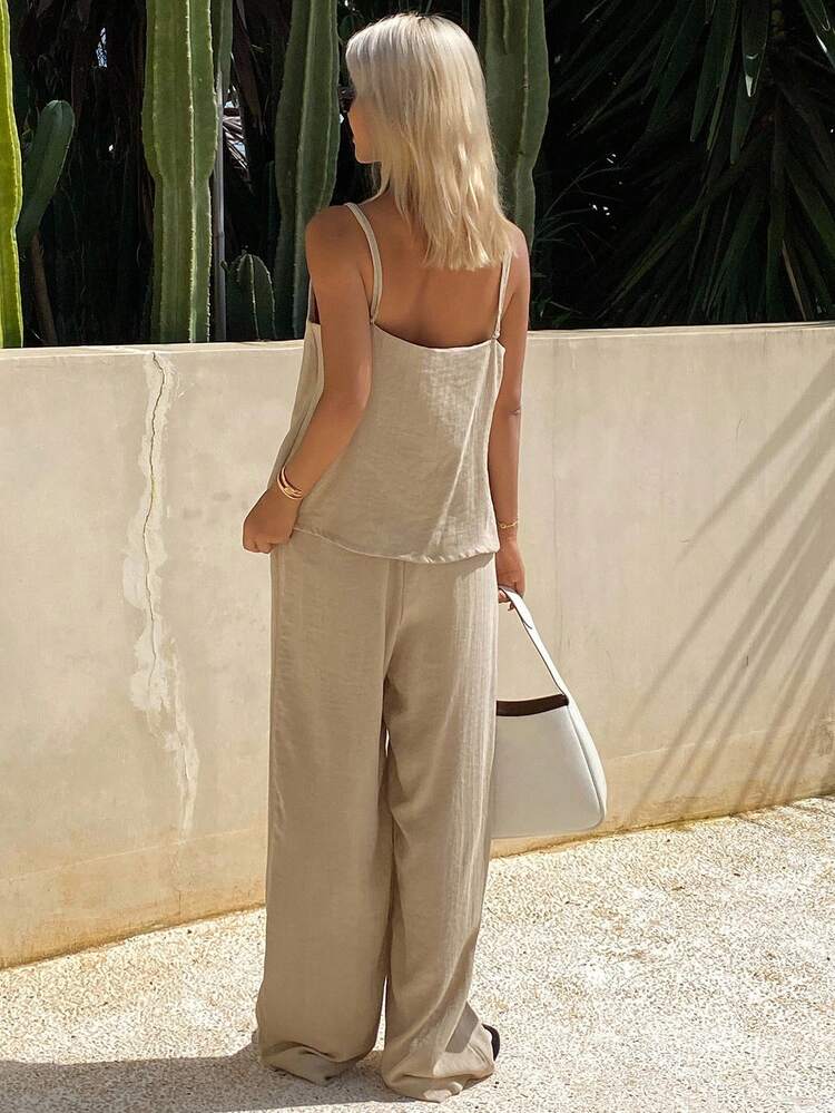 2pcs Women Solid Color Fitted Camisole & Wide Leg Pants Casual Suit, Autumn Vacation