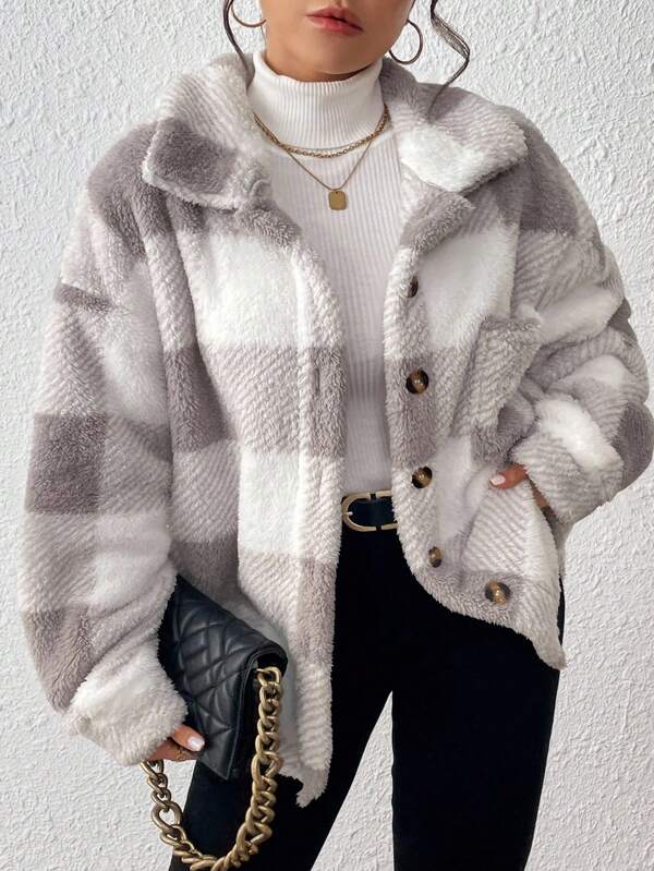 SHEIN PETITE CURVE Plus Size Plaid Print Pocket Front Button Long Sleeve Jacket, Autumn/Winter