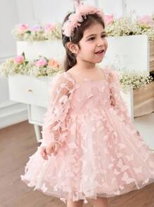 SHEIN 女婴 3D 蝴蝶结编织公主袖连衣裙，适合聚会、派对、郊游等场合