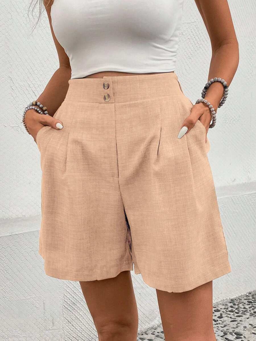 SHEIN LUNE Women's Casual Solid Color Loose Shorts With Side Pockets, Summer - Ginger - View 1