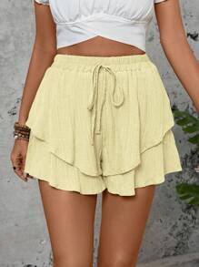 SHEIN LUNE 女士夏季休闲度假风格纯色纹理面料系带松紧腰宽松阔腿短裤 - 黃色 - 查看 5