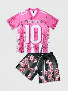 ROMWE MEN Prep Men's V-Neck Jersey Floral Print Short Sleeve T-Shirt And Shorts Casual Set - Multicolor - View 1