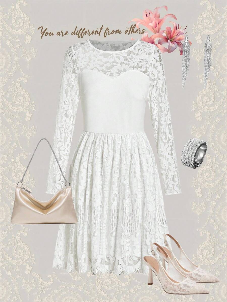 Ellevyn Đầm ngắn màu trắng thanh lịch cổ tròn phối ren mỏng ôm sát eo dành cho nữ, thích hợp mặc hàng ngày - trắng - Xem 1