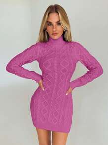 EURMUSE Damen Herbst/Winter Neue Sexy Modische Alltagskleidung Rollkragen Zopfstrick Dicker Kurzer Pulloverkleid - Pink - Übersicht 4