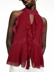 LYSMO 2025年新款深红色荷叶边雪纺露背上衣，搭配领带——波西米亚夏季风格 - 酒紅色 - 查看 5