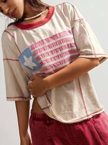 Bohemela 女式休闲落肩宽松拼色T恤，夏季