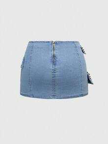 ROMWE Grunge Punk Y2K Vintage Punk Rock Metal Rivet Grommet Waist Belt Decor Plus Size Women Denim Mini Skirt - Blue - View 2