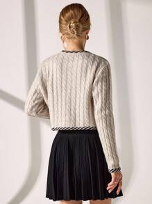 Women Tie Front Contrast Binding Cardigan,Long Cardigans Woman,Petite Cardigans,Cardigans - Cream - View 2