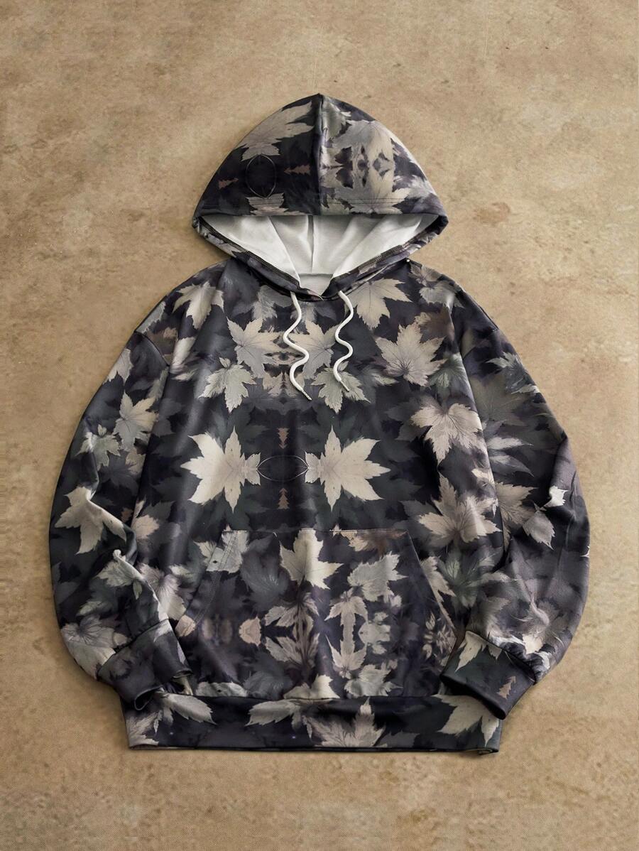 Manfinity NXTstreet 男士休闲枫叶印花宽松落肩连帽衫 树叶印花连帽衫 树叶连帽衫 花卉连帽衫 迷彩连帽衫 自然连帽衫，适合秋冬 - 彩色 - 查看 1