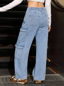 Calça Cargo Denim Azul Claro de Estilo de Streetwear Y2K para Adolescentes, Solta, com Múltiplos Bolsos