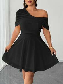 Elenzga 加大码女式优雅浪漫婚礼宾客礼服，雪纺单肩飘逸长裙，适合派对 - 黑色 - 查看 6