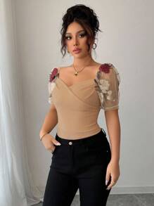 Rafferiza Blusa bordada con cuello cuadrado y mangas abullonadas para mujeres - Caqui - Ver 6
