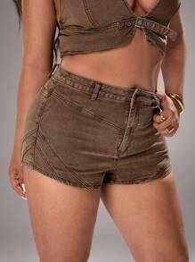 SHEIN Unity Plus Size Women's Stretchy Fitted Shorts, Summer - Brown - View 4