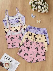 SHEIN Conjunto de pijama informal de 3 piezas con estampado de mariposas, pantalones cortos y tirantes