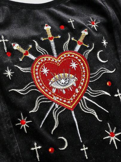 Goth Gothic Romantic Mori Style Rhinestone Crystal Teardrop And Star Embroidered Crew Neck Women's Lace-Up Bustier Bodysuit