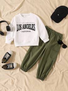 SHEIN Young Boy Letter Print Crew Neck Long Sleeve Sweatshirt And Cargo Pants Casual Suit Chic Outfits For Autumn/Winter Fall - White - View 3