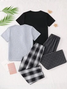 SHEIN 4 件套青少年男孩春夏睡衣套装 - 灰色和黑色简约纯色 T 恤，搭配柔软宽松的格纹裤，舒适且划算的多件套睡衣套装 - 黑色 - 查看 2