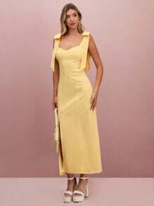 Enchnt Fall/Summer Romantic Women's Butter Yellow Bowknot Shoulder Sleeveless Split Maxi Dress - Yellow - View 6