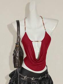 SHEIN ICON Women's Red Beaded Spaghetti Strap Backless Sexy Camisole - Burgundy - View 1